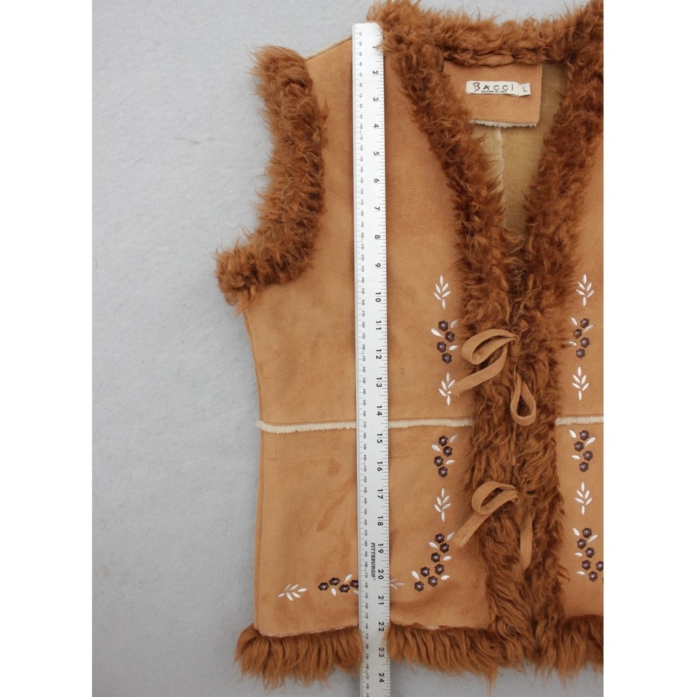 Bacci Womens Tan Faux Shearling Embroidered Vest Faux Fur Trim Boho Size L - Picture 6 of 10